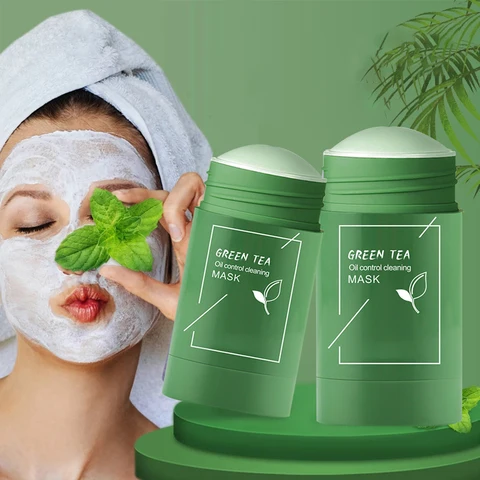 Woman with green tea face mask and Green Tea Oil Control Cleaning Mask products