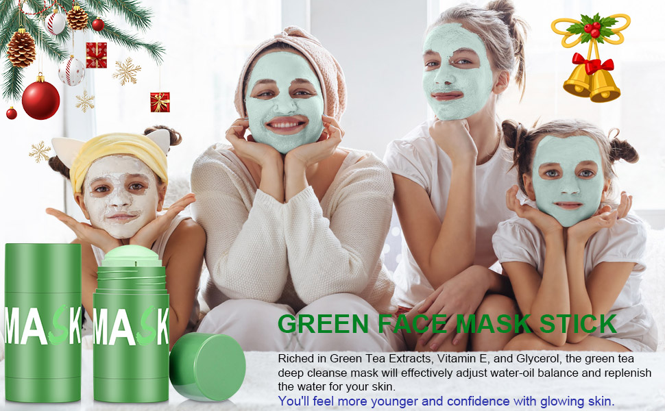 Family with green tea face masks applied